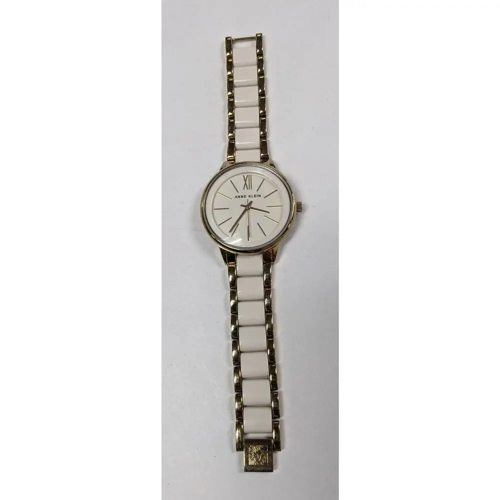 Anne Klein Two Tone White and Golden Sectioned Wrist Watch Roman Numeral